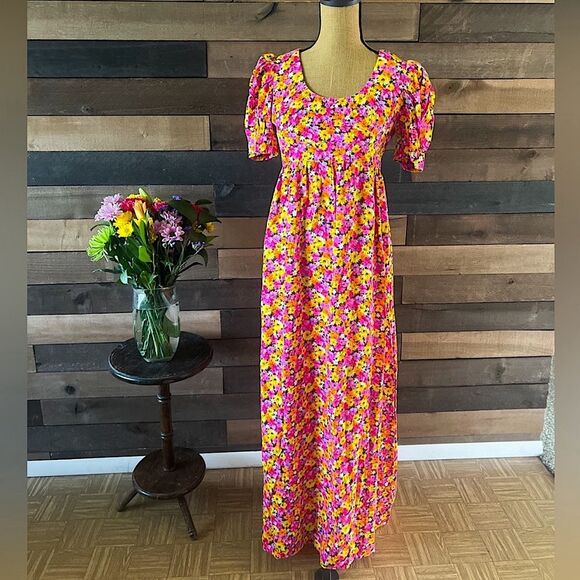 Handmade Vintage Groovy Retro Maxi Dress with Bright Floral Pattern Puff Sleeves - Picture 1 of 8